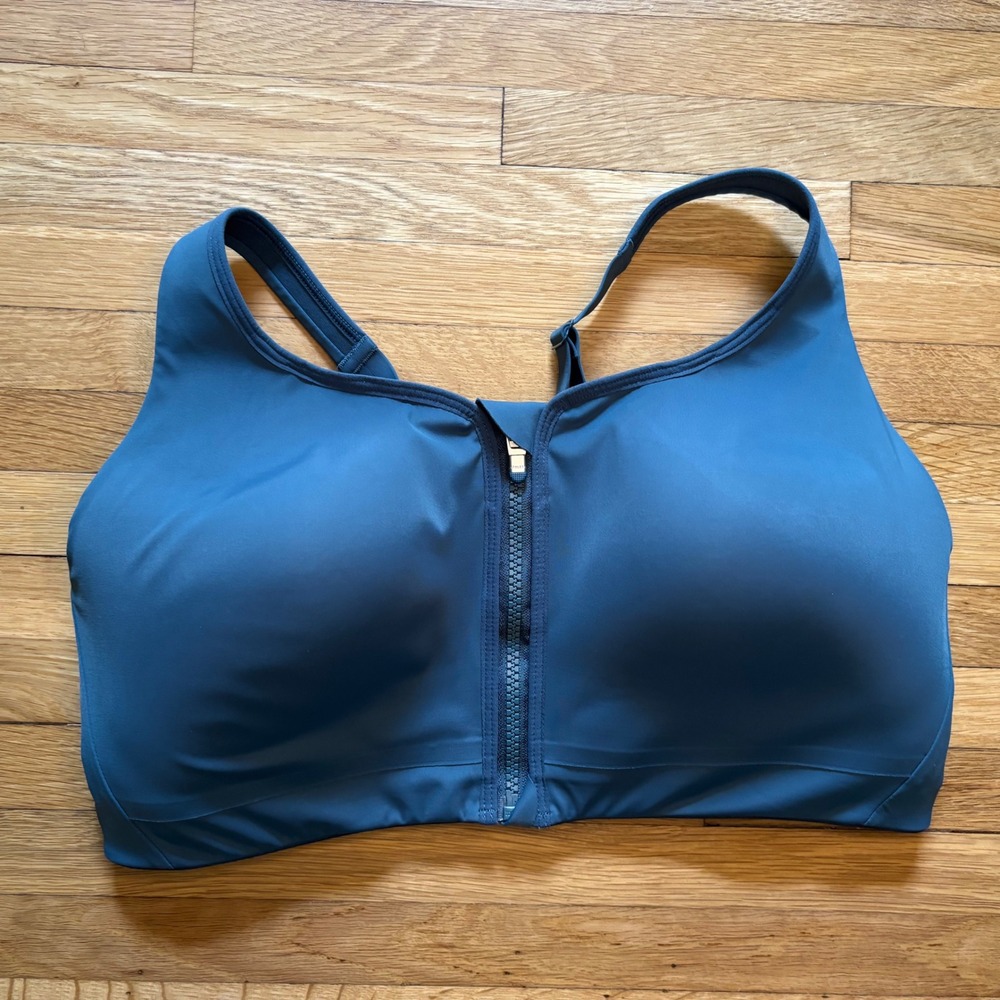 Athleta Advance Zip Front Sports Bra 38D Womens Blue Logo Gym High Impact Run